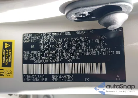 2012 Toyota Highlander Base V6 из США, поврежденный, VIN 5TDBK3EH4CS165957